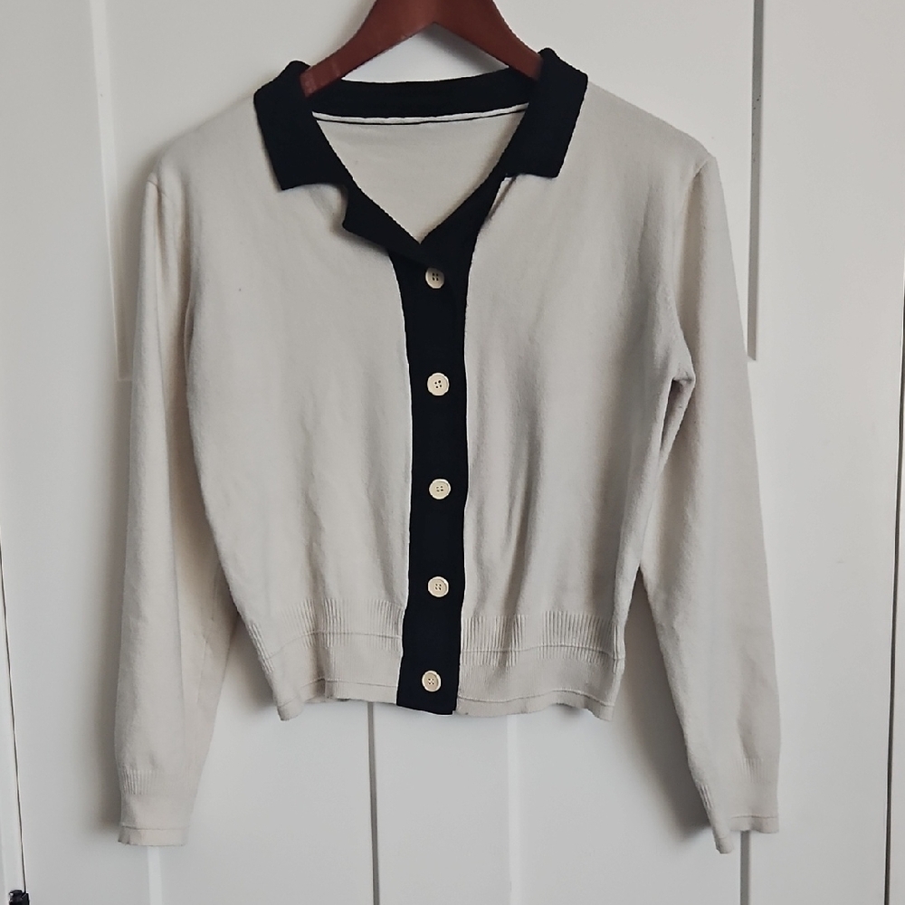 Dazy Ivory Black Collared Cardigan Top Junior XL
